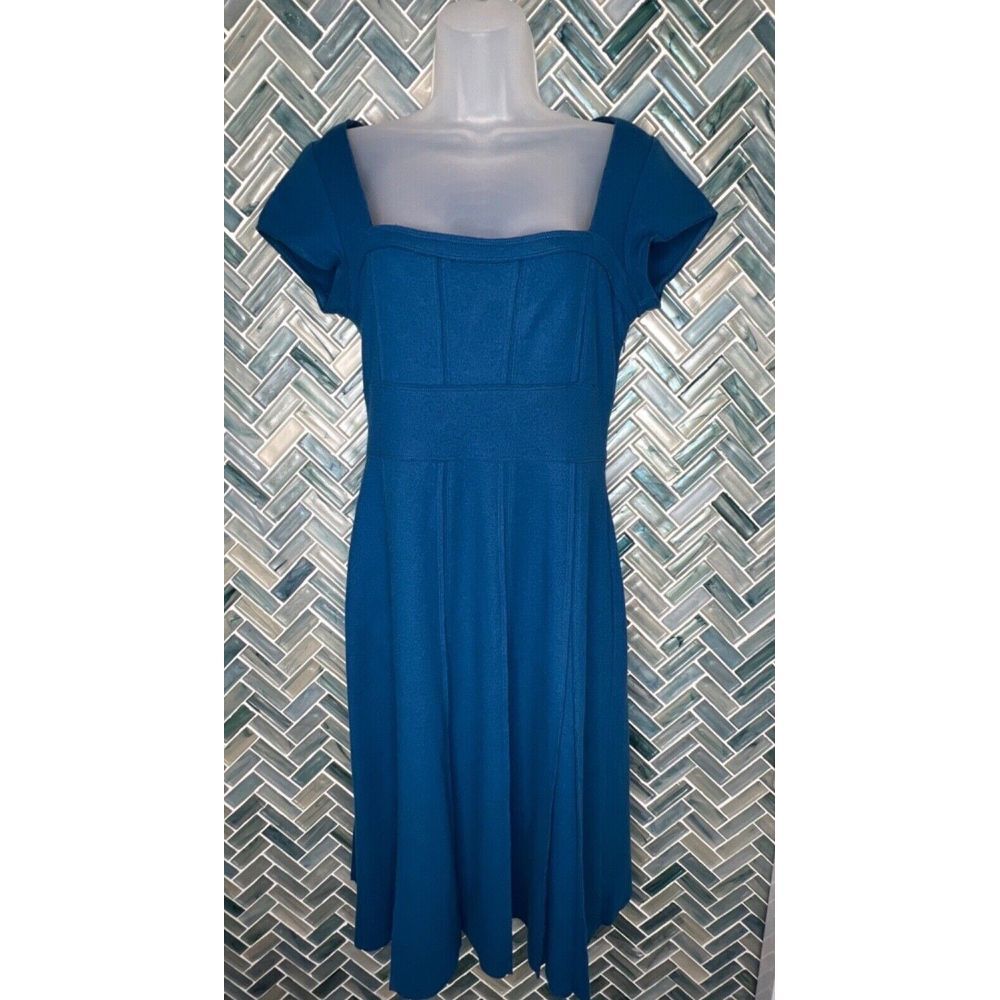 WOMENS SUSANA MONACO TEAL BLUE 100% WOOL CAP SLEEVE PLEATED ZIP‎ MIDI DRESS 8